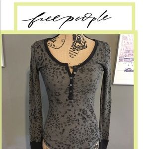FREE PEOPLE• Leopard Davis Henley Thermal top.
